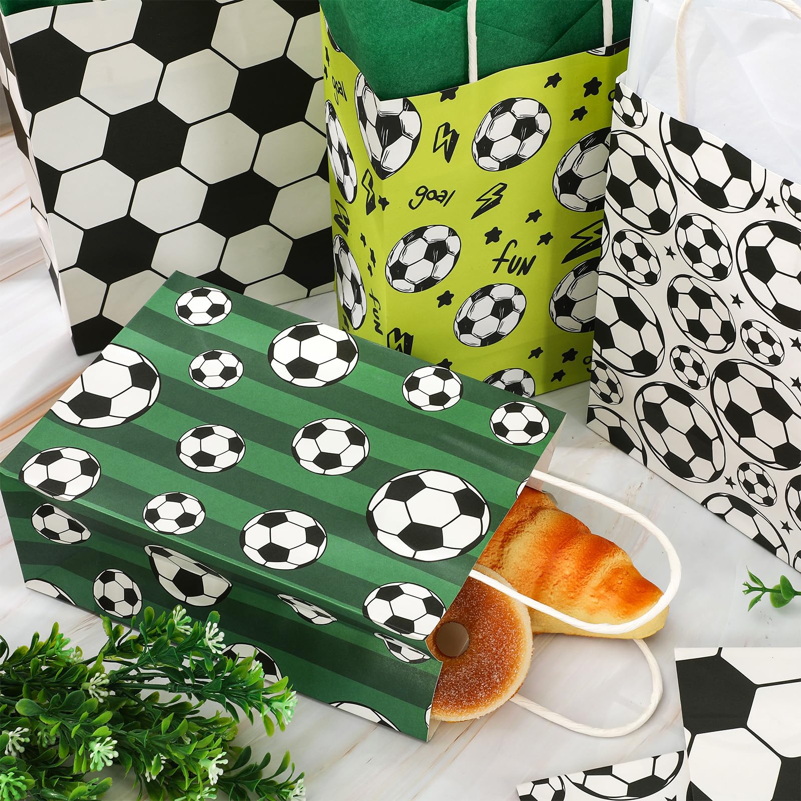 Whaline 24Pcs Soccer Paper Gift Bags with Handles Sports Party Favor Bags Soccer Ball Print Candy Goodie Treat Bags for Game Day Sports Events Birthday Party Supplies