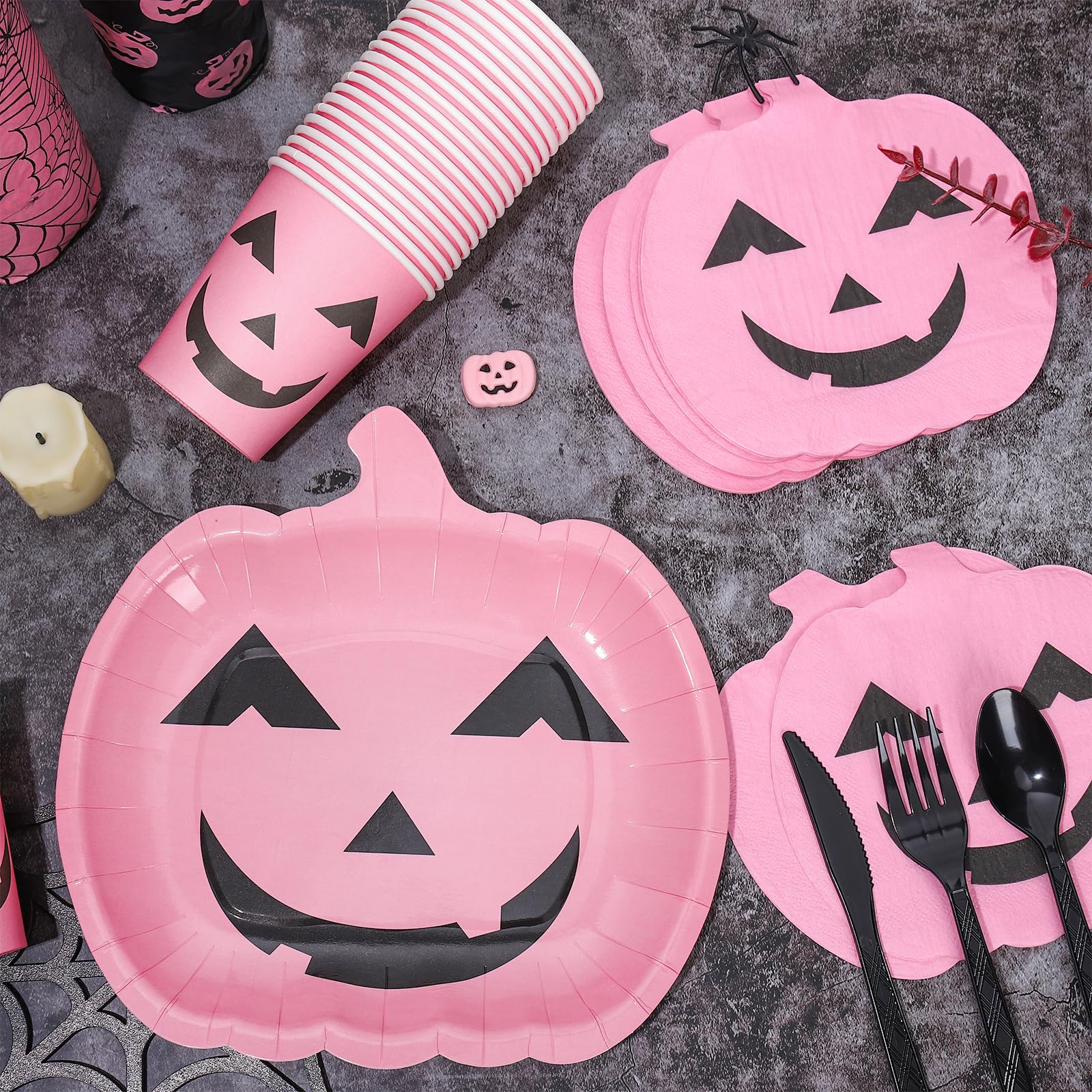 JarThenaAMCS 144Pcs Halloween Pumpkin Tableware Set Pink Cute Pumpkin Disposable Party Supplies Paper Plates Cups Napkins and Cutlery for 24 Guests Birthday Baby Shower