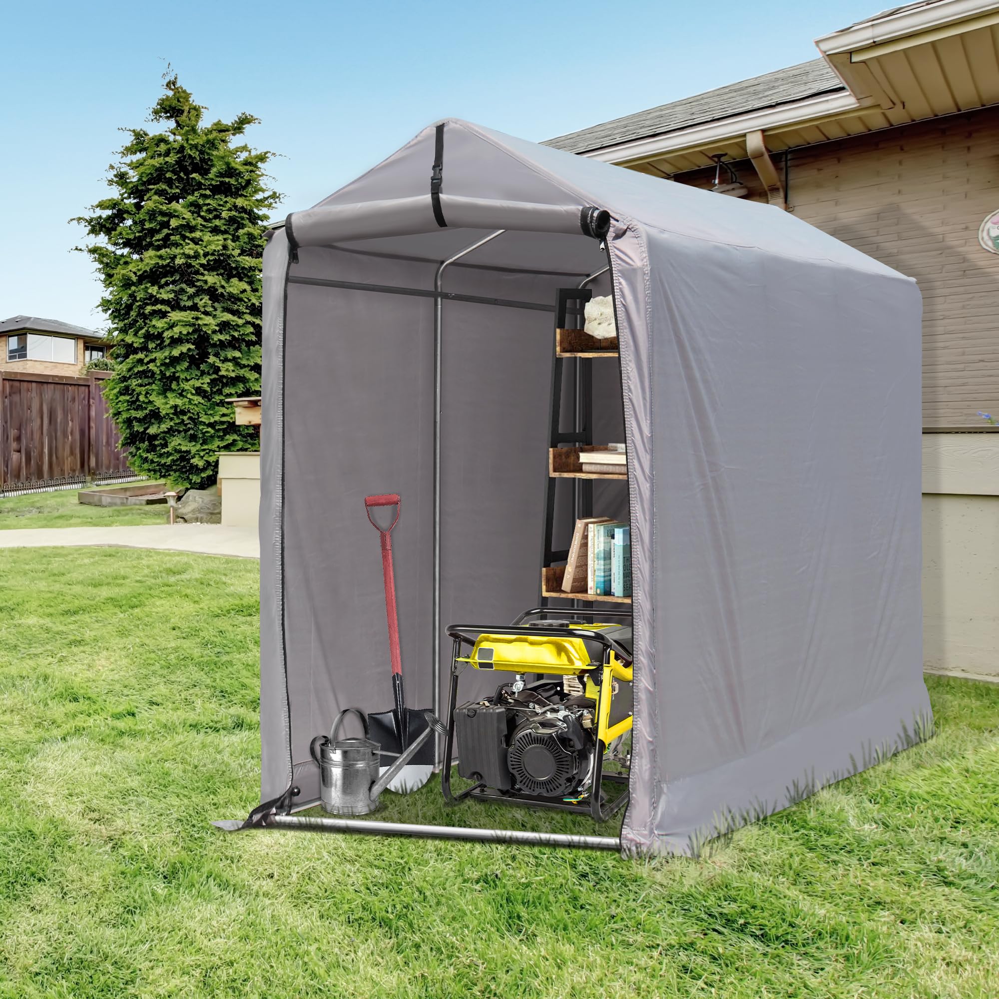 6x3 Ft Outdoor Storage Shed, Waterproof Portable Storage Shed Shelter with Roll-up Zipper Door & Ventilated Windows for Motorcycle, Bike, Tools Gray