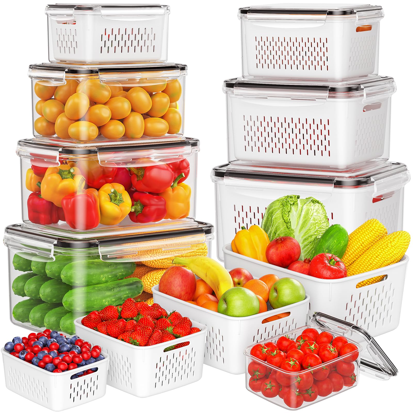 8-Pack Fruit Storage Containers for Fridge, Leakproof Fruit Containers for Fridge with Colanders, BPA-Free Produce Storage Containers with Lids Keep Fruits, Vegetables, Berry, Meat Fresh longer