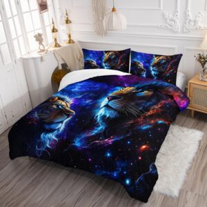 AILONEN 3D Lion Comforter Set Queen Size, Fantasy Glitter Galaxy Lion Bedding Set for Kids Boys,Safari Wild Animals Bed in a Bag for Bedroom Decor,1 Quilt and 2 Pillowcases,3PCS