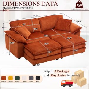 Oversized Chaise Lounge Chair Indoor with Ottoman,84.6"W Corduroy Upholstered Modern Loveseat Sofa,Deep Seat L Shaped Sectional Couch,Comfy Reclining Sleeper Chair for Living Room(2 Seater,Orange)