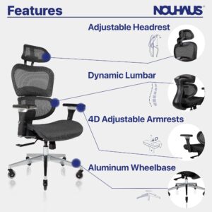 Nouhaus Ergonomic Office Chair with Lumbar Support High Back Mesh Desk Chair Best Desk Chair for Long Hours Adjustable Headrest and 4D Arms SGS Certified Gas Cylinder (Ergo3D Black)