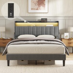 FYRENA Full Bed Frame with Storage Headboard & Footboard Modern Upholstered Platform Bed with LED Lights USB Ports & Outlets Strong Wood Slats Support No Box Spring Needed