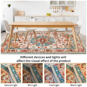 5x7 Rug for Living Room, Large Vintage Area Rugs Soft Non-Slip Non Shedding Washable Tribal Printed Stain Resistant Carpet with 8 PCS Rug Tape for Bedroom Office Dining Room