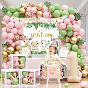 YSHMFEUX Wild One Birthday Decorations Party Supplies for Girl, 1st Birthday Girl Decorations, Jungle Animal 1st Birthday Party Supplies, First Birthday Decorations for Girls