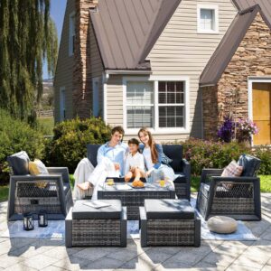 Outdoor Furniture Set, 6 Pcs Patio Furniture Set with Aluminum Frame, Wicker Recliner Chairs with Ottomans, Modern Outdoor Conversation Sets Sectional Sofa, Rattan Patio Set with Storage Table (Grey)