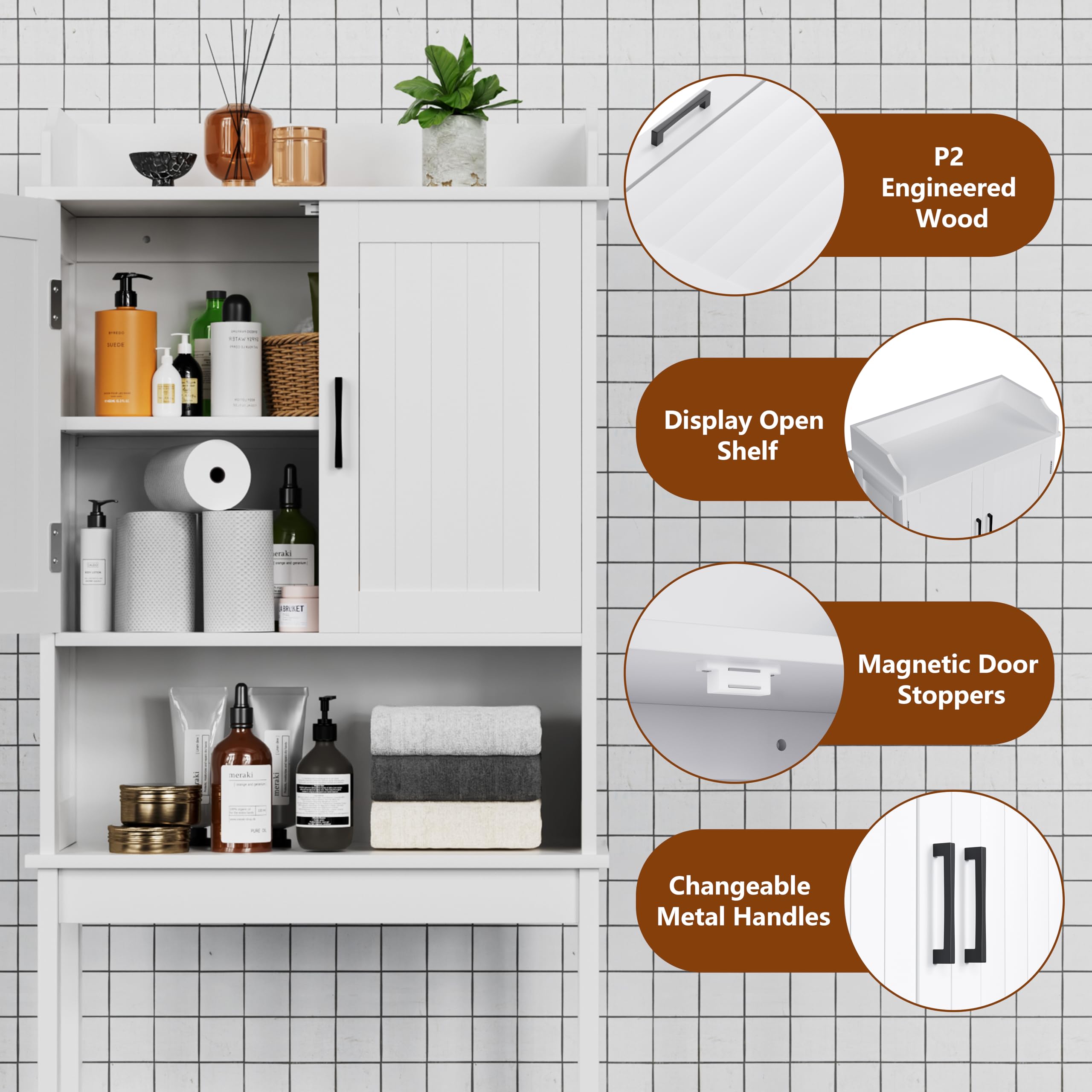 Yardenaler Over-The-Toilet Storage Shelf with Doors, Bathroom Freestanding Space Saver Organizer with Adjustable Shelf, White