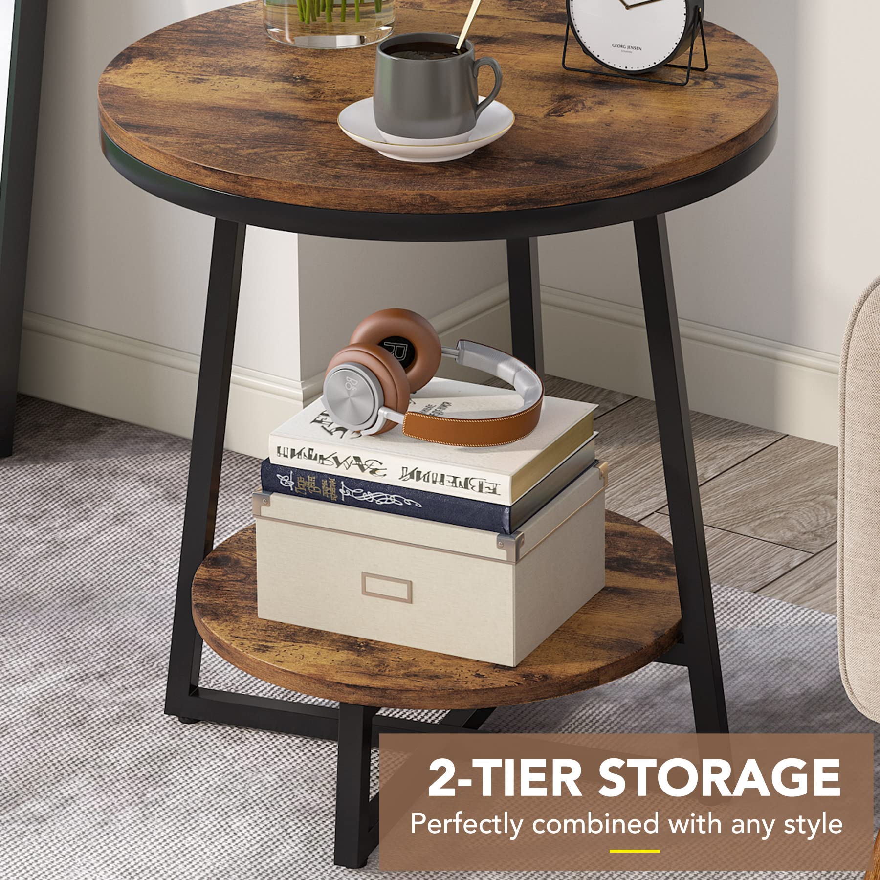 Tribesigns Round End Table Set of 2, 2 Tier Side Table with Storage Shelf, Industrial Nightstand Bedside Table Coffee Accent Table for Living Room Small Space, Rustic Brown