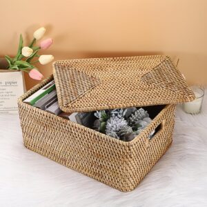 Hipiwe Rattan Basket Box for Shelf Organizing, Natural Storage Wicker Basket Bins with Handles, Large Lidded Basket Rectangular Rattan Box Handwoven Decorative Basket Box,15.1"x11.2"x7.3"