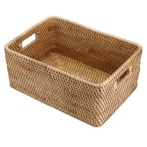 Hipiwe Rattan Basket Box for Shelf Organizing, Natural Storage Wicker Basket Bins with Handles, Large Lidded Basket Rectangular Rattan Box Handwoven Decorative Basket Box,15.1"x11.2"x7.3"