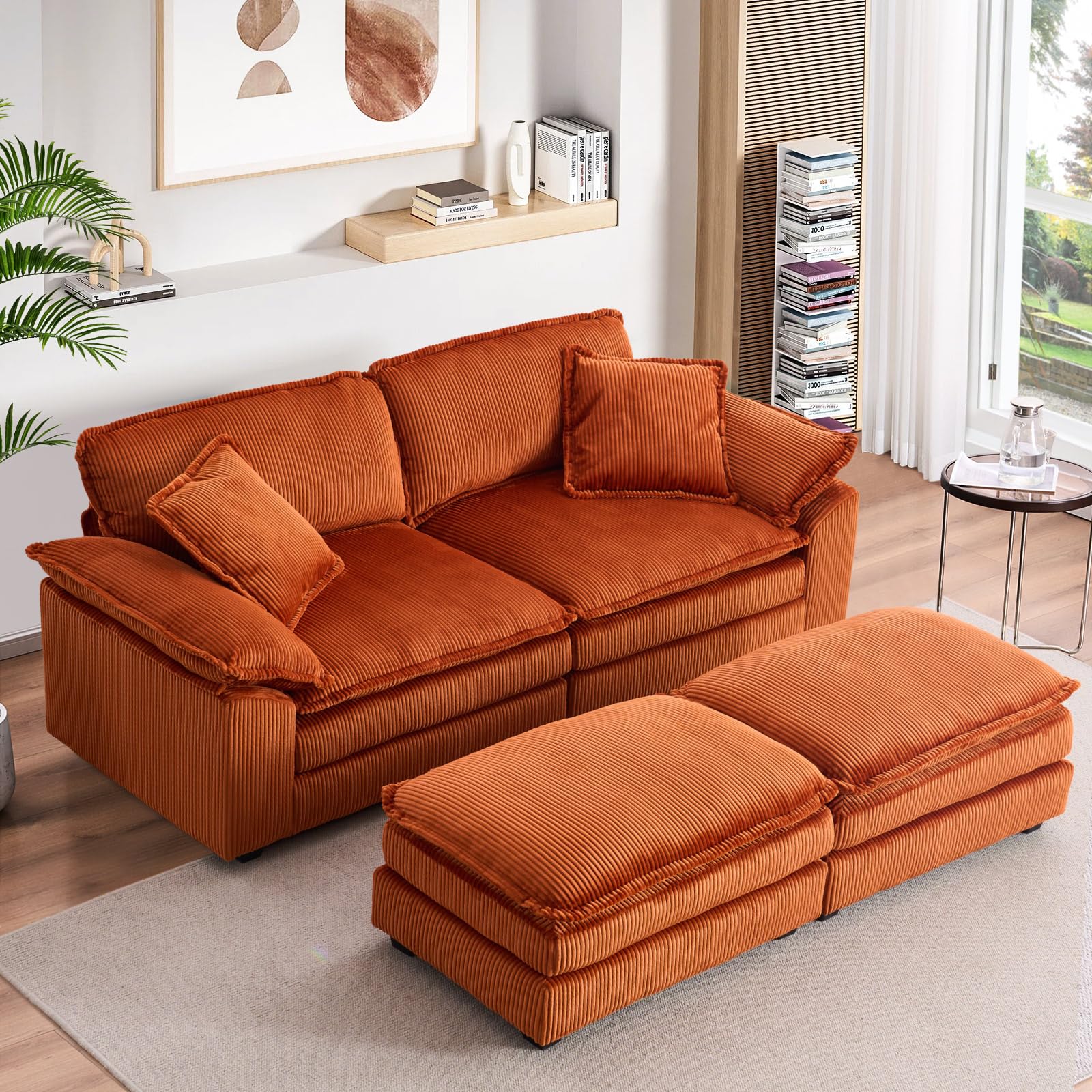 Oversized Chaise Lounge Chair Indoor with Ottoman,84.6"W Corduroy Upholstered Modern Loveseat Sofa,Deep Seat L Shaped Sectional Couch,Comfy Reclining Sleeper Chair for Living Room(2 Seater,Orange)