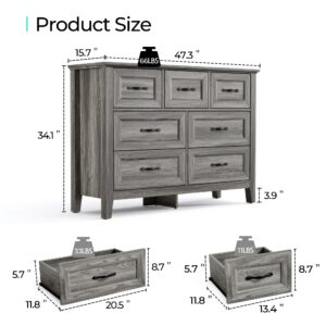 LINSY HOME Farmhouse 7-Drawer Dresser - Grey Chest of Drawers for Bedroom and Living Room Organization, Wood Dresser with Ample Storage Space and Rustic Charm