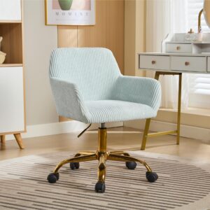 KCC Corduroy Fabric Vanity Makeup Desk Chair, Fluffy Swivel Modern Armchair with Wheels, Upholstered Fuzzy Height Adjustable for Girls Home Office, Blue