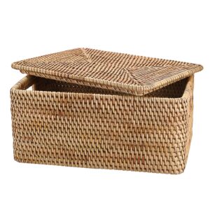 Hipiwe Rattan Basket Box for Shelf Organizing, Natural Storage Wicker Basket Bins with Handles, Large Lidded Basket Rectangular Rattan Box Handwoven Decorative Basket Box,15.1"x11.2"x7.3"