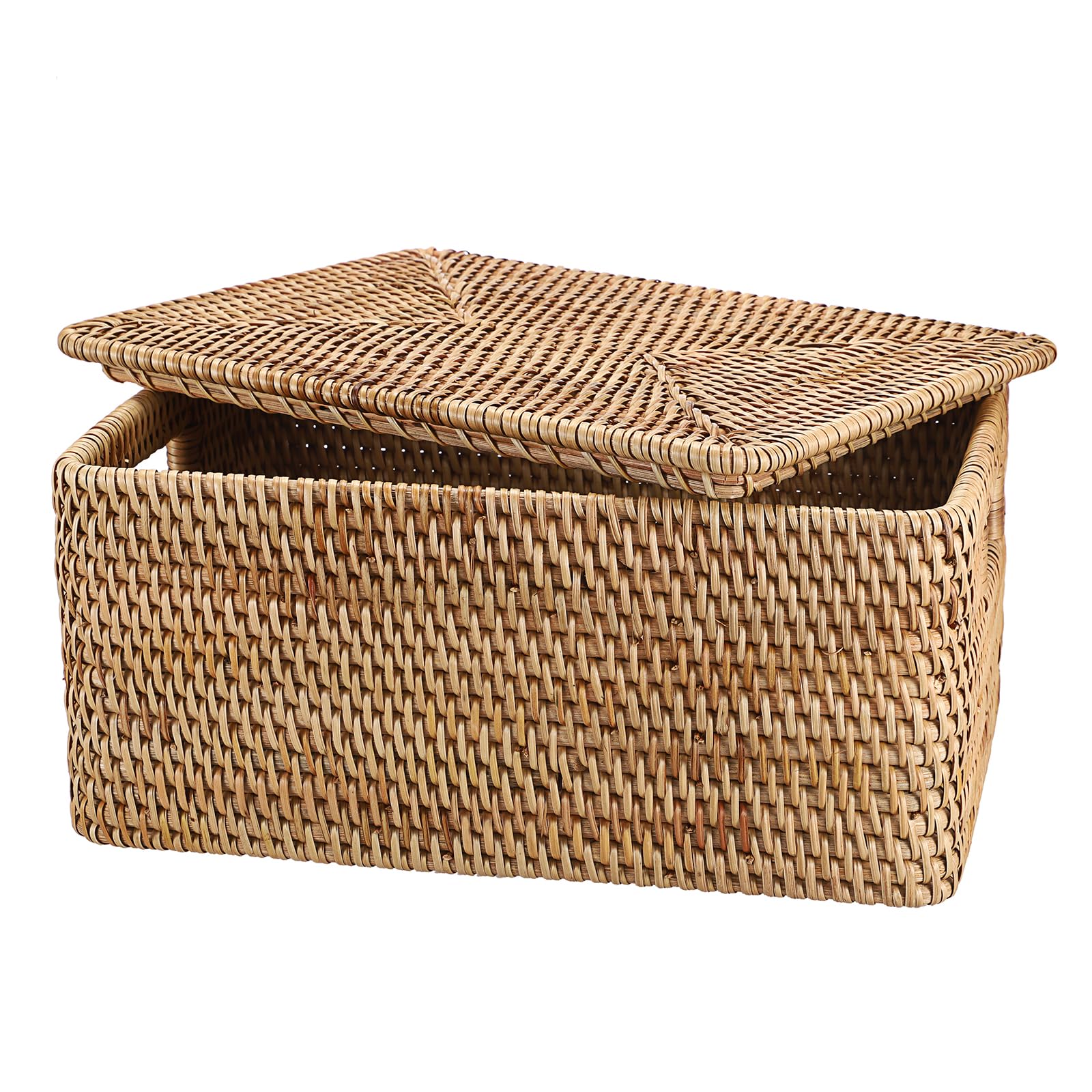 Hipiwe Rattan Basket Box for Shelf Organizing, Natural Storage Wicker Basket Bins with Handles, Large Lidded Basket Rectangular Rattan Box Handwoven Decorative Basket Box,15.1"x11.2"x7.3"