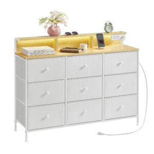 songmics dresser for bedroom, storage organizer with 9 fabric drawers and led lights, charging station, steel frame, 13.2 x 44.9 x 33 inches, entryway, cloud white ults519w01