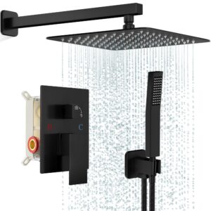 fpxrng black shower faucet set, rainfall shower system with rain shower head and handle set, wall mounted shower fixtures, full metal trim repair kit 10 inch matte black (with shower valve)