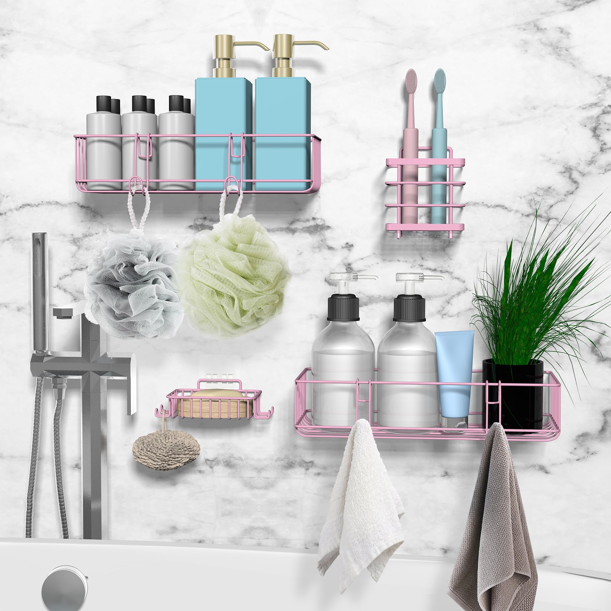 TONLEA Shower Caddy, Shower Organizer for Bathroom, 4-Pack Rustproof Stainless Steel Shower Shelves with Hooks for Bathroom Storage, Adhesive or Drilling Kitchen Organization, Pink