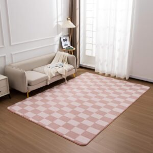 Btargot 6×9ft Light Pink Checkered Area Rug for Living Room, Princess Prince Castle Modern Abstract Checkerboard Throw Rugs Anti-Skid Fluffy Plush Carpet for Kids Boys Girls Home Nursery Decorative