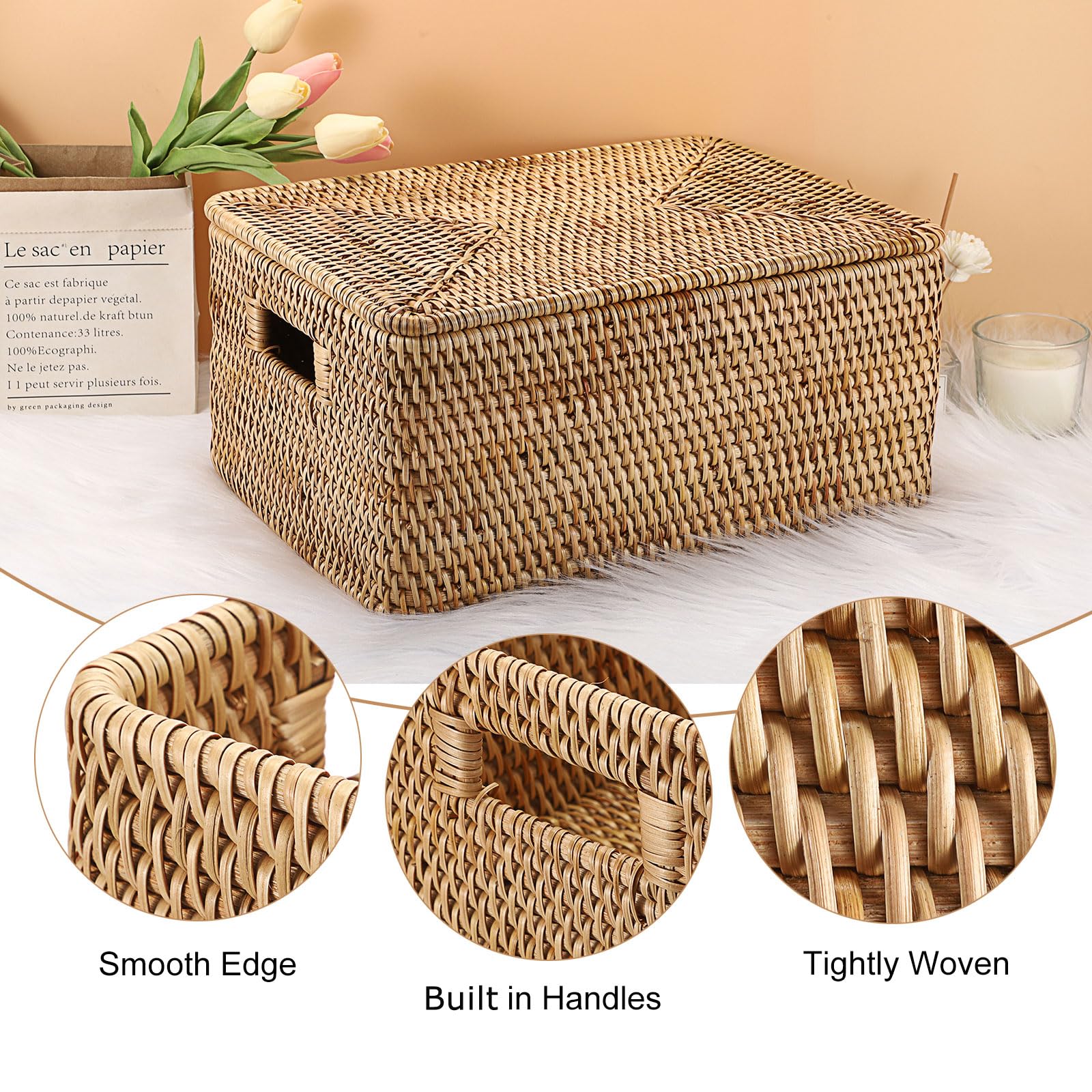 Hipiwe Rattan Basket Box for Shelf Organizing, Natural Storage Wicker Basket Bins with Handles, Large Lidded Basket Rectangular Rattan Box Handwoven Decorative Basket Box,15.1"x11.2"x7.3"