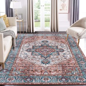 cozyloom washable rug 8x10 large area rug indoor soft medallion rug vintage floral throw carpet non-slip low pile accent rug traditional non-shedding boho rugs living room bedroom home office orange