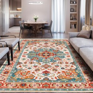 5x7 Rug for Living Room, Large Vintage Area Rugs Soft Non-Slip Non Shedding Washable Tribal Printed Stain Resistant Carpet with 8 PCS Rug Tape for Bedroom Office Dining Room