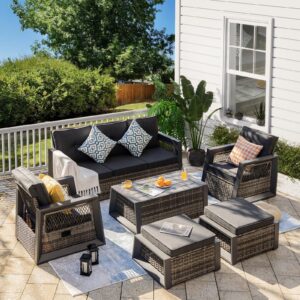 outdoor furniture set, 6 pcs patio furniture set with aluminum frame, wicker recliner chairs with ottomans, modern outdoor conversation sets sectional sofa, rattan patio set with storage table (grey)