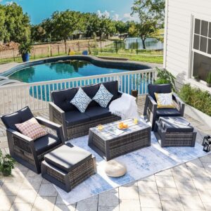 Outdoor Furniture Set, 6 Pcs Patio Furniture Set with Aluminum Frame, Wicker Recliner Chairs with Ottomans, Modern Outdoor Conversation Sets Sectional Sofa, Rattan Patio Set with Storage Table (Grey)