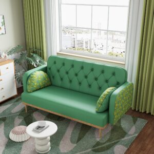 56 inch Loveseat Sofa Couch, Faux Leather Sofa for Living Room, Mid Century Modern Sofa with 2 Bolster Pillows, Tufted Seat, Small Sofa for Bedroom, Apartment, Home Office (Green, 57 Inch)