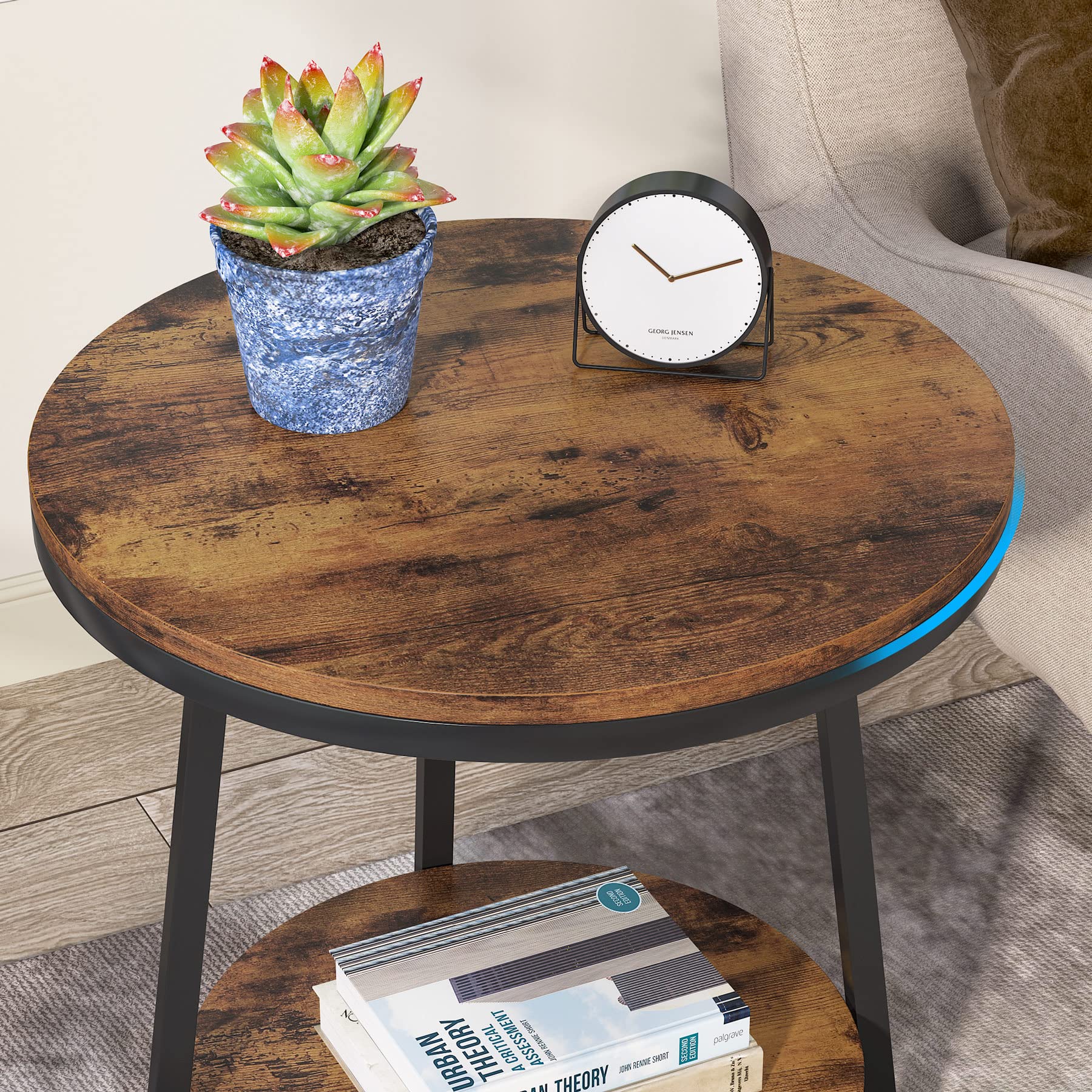 Tribesigns Round End Table Set of 2, 2 Tier Side Table with Storage Shelf, Industrial Nightstand Bedside Table Coffee Accent Table for Living Room Small Space, Rustic Brown