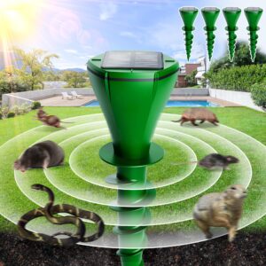 ReOasis Solar Powered Mole Trap with Screw-Shape Stakes, 4 Pack Mole Repellent for Lawns, Ultrasonic Mouse Repellent, Snake Gopher Vole Repellent for Outdoor, Garden, Lawn, Yard, Farmland