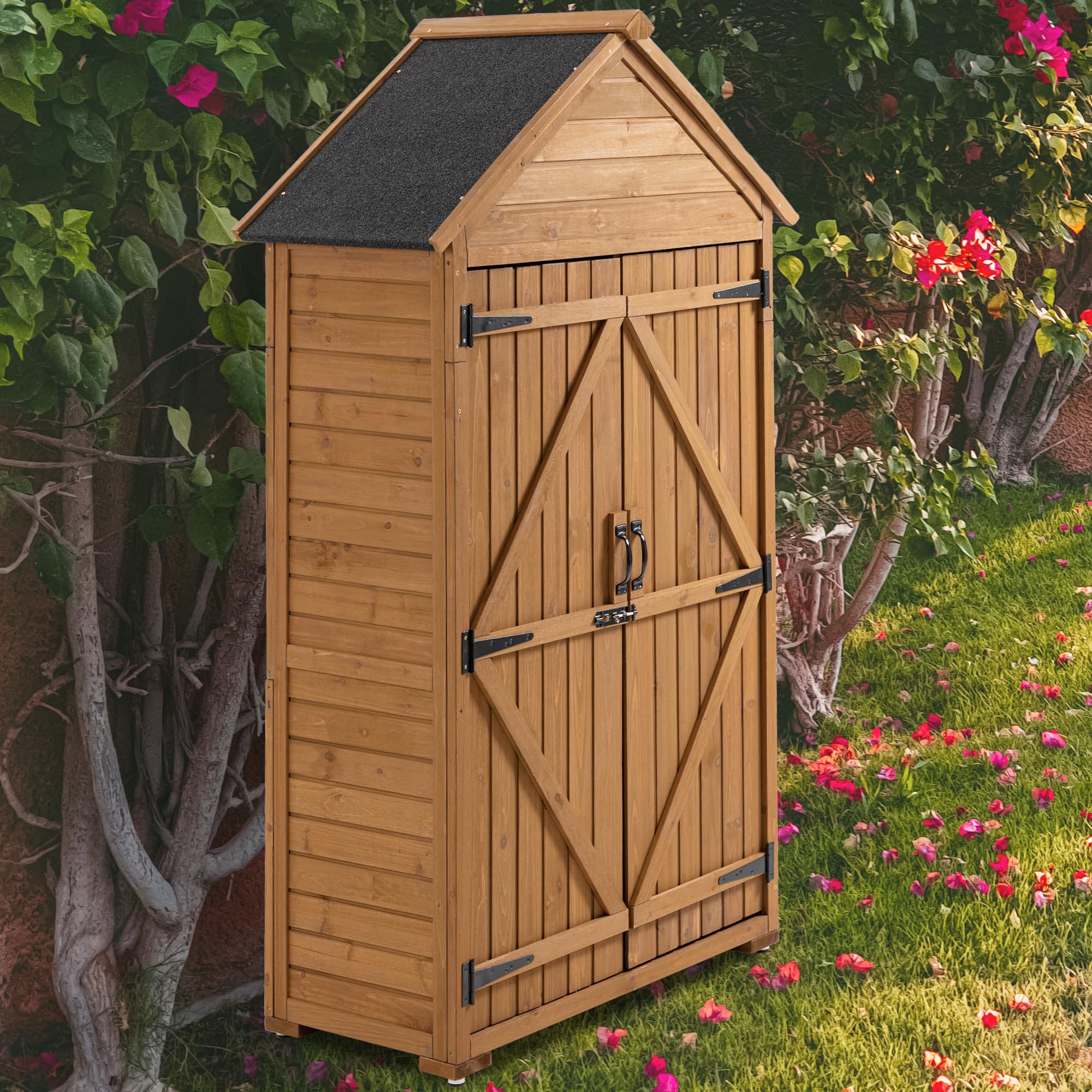 Senyuzhilan Outdoor Storage Cabinet, Garden Wood Tool Shed, Outside Wooden Shed Closet with Shelves and Latch for Yard 39.56"x 22.04"x 68.89"