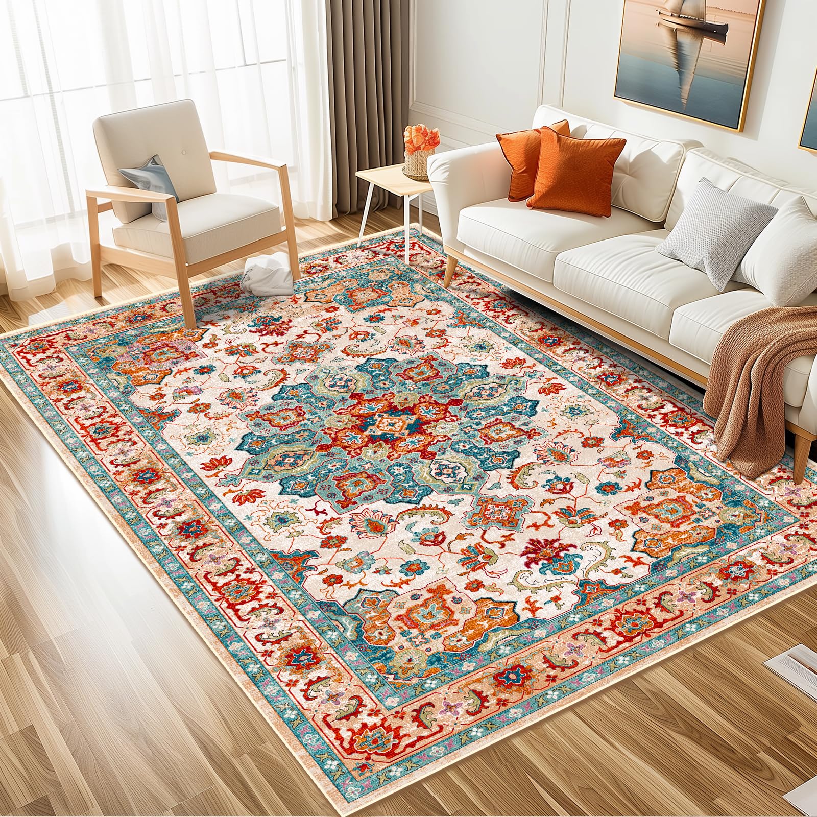 5x7 Rug for Living Room, Large Vintage Area Rugs Soft Non-Slip Non Shedding Washable Tribal Printed Stain Resistant Carpet with 8 PCS Rug Tape for Bedroom Office Dining Room