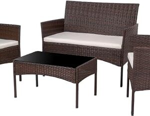 Shintenchi 4 Piece Outdoor Patio Furniture Sets, Small Wicker Patio Conversation Furniture Rattan Chair Set with Tempered Glass Coffee Table for Backyard Porch Garden Poolside Balcony