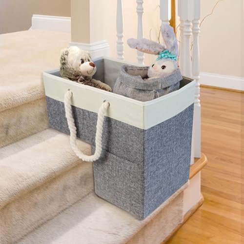 OZZEN Staircase Basket for Carpeted and Wooden Stairs with Two Pockets and Two Linen Bags - 16" L x 10" W x 16" H - Stair Basket with Handle and Foldable - Stair Organizer for Home Harmony