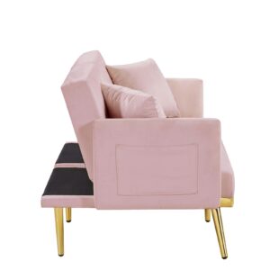 ROCKINGRUN 59'' Convertible Velvet Sofa Bed, Loveseat Sofa Bed with Metal Support Feet, Modern Comfy Loveseat Couch, Adjustable Backrest, Stylish Tufted Sofa Bed for Living Room, Bedroom (Pink)