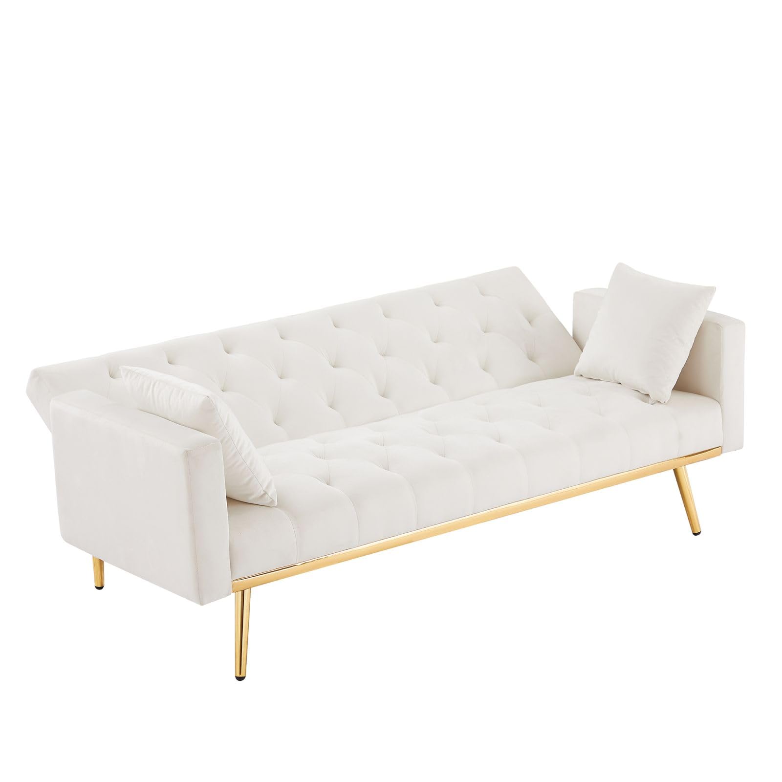 ROCKINGRUN 73'' Convertible Velvet Sofa Bed, Loveseat Sofa Bed with Metal Support Feet, Modern Comfy Loveseat Couch, Adjustable Backrest, Stylish Tufted Sofa Bed for Living Room, Bedroom (Cream White)