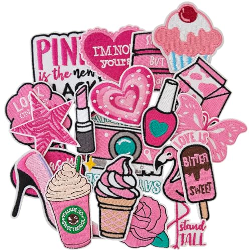 Jefuzh 20PCS Girl Themes Iron on Patches, Embroidered Appliqué Pink Iron on Patches for Clothes, Hats, Jeans, Skirts, Backpacks, Etc