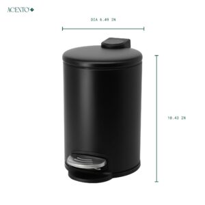 ACENTO Small Round Bathroom Wastebin, 0.65 Gallon/3 Liter Stainless Steel Trash Can, Garbage Container with Premium Step Pedal and Soft Close Lid