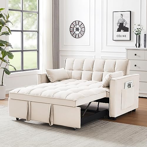 3 in 1 Convertible Sleeper Sofa Bed ,Modern Futon Loveseat Couch Pullout Bed, Velvet Upholstered Small Love Seat Lounge w/Reclining Backrest, Toss Pillows, Pockets, Furniture for Living Room Office