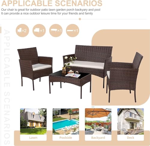 Shintenchi 4 Piece Outdoor Patio Furniture Sets, Small Wicker Patio Conversation Furniture Rattan Chair Set with Tempered Glass Coffee Table for Backyard Porch Garden Poolside Balcony