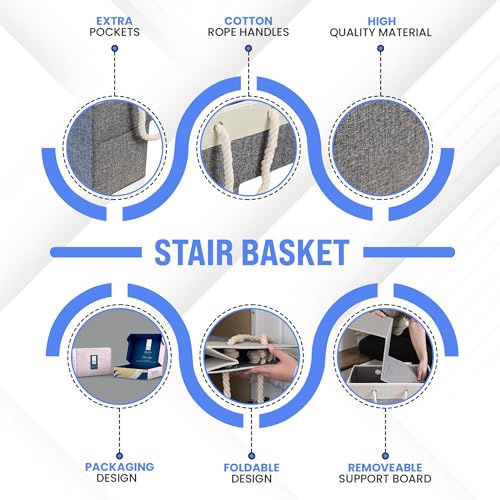 OZZEN Staircase Basket for Carpeted and Wooden Stairs with Two Pockets and Two Linen Bags - 16" L x 10" W x 16" H - Stair Basket with Handle and Foldable - Stair Organizer for Home Harmony