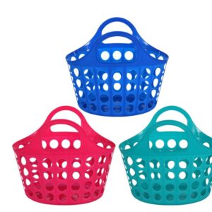 Greenbrier KDZO Set of 3 Colorful Plastic Totes with Handles in Teal, Blue, & Hot Pink Plastic Carrying Basket, Beach, Grocery Carrying Tote, Nesting Essentials Small Oval Slotted Basket with Handles