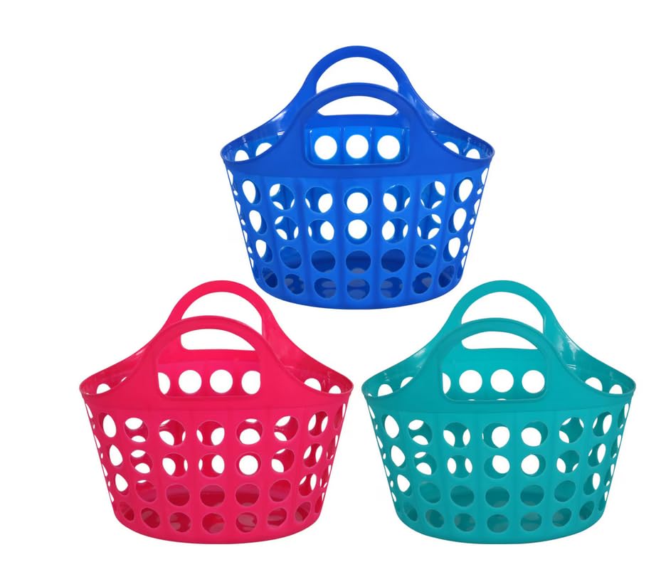 Greenbrier KDZO Set of 3 Colorful Plastic Totes with Handles in Teal, Blue, & Hot Pink Plastic Carrying Basket, Beach, Grocery Carrying Tote, Nesting Essentials Small Oval Slotted Basket with Handles