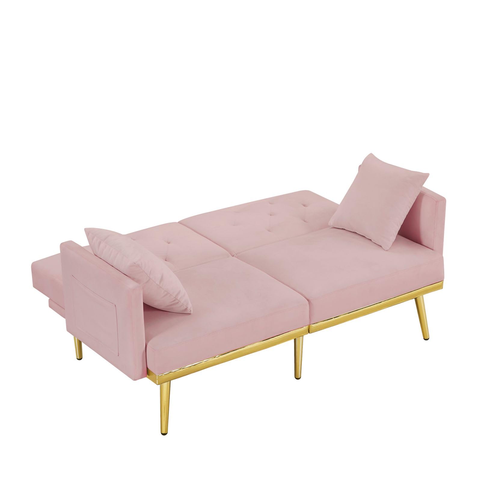 ROCKINGRUN 59'' Convertible Velvet Sofa Bed, Loveseat Sofa Bed with Metal Support Feet, Modern Comfy Loveseat Couch, Adjustable Backrest, Stylish Tufted Sofa Bed for Living Room, Bedroom (Pink)