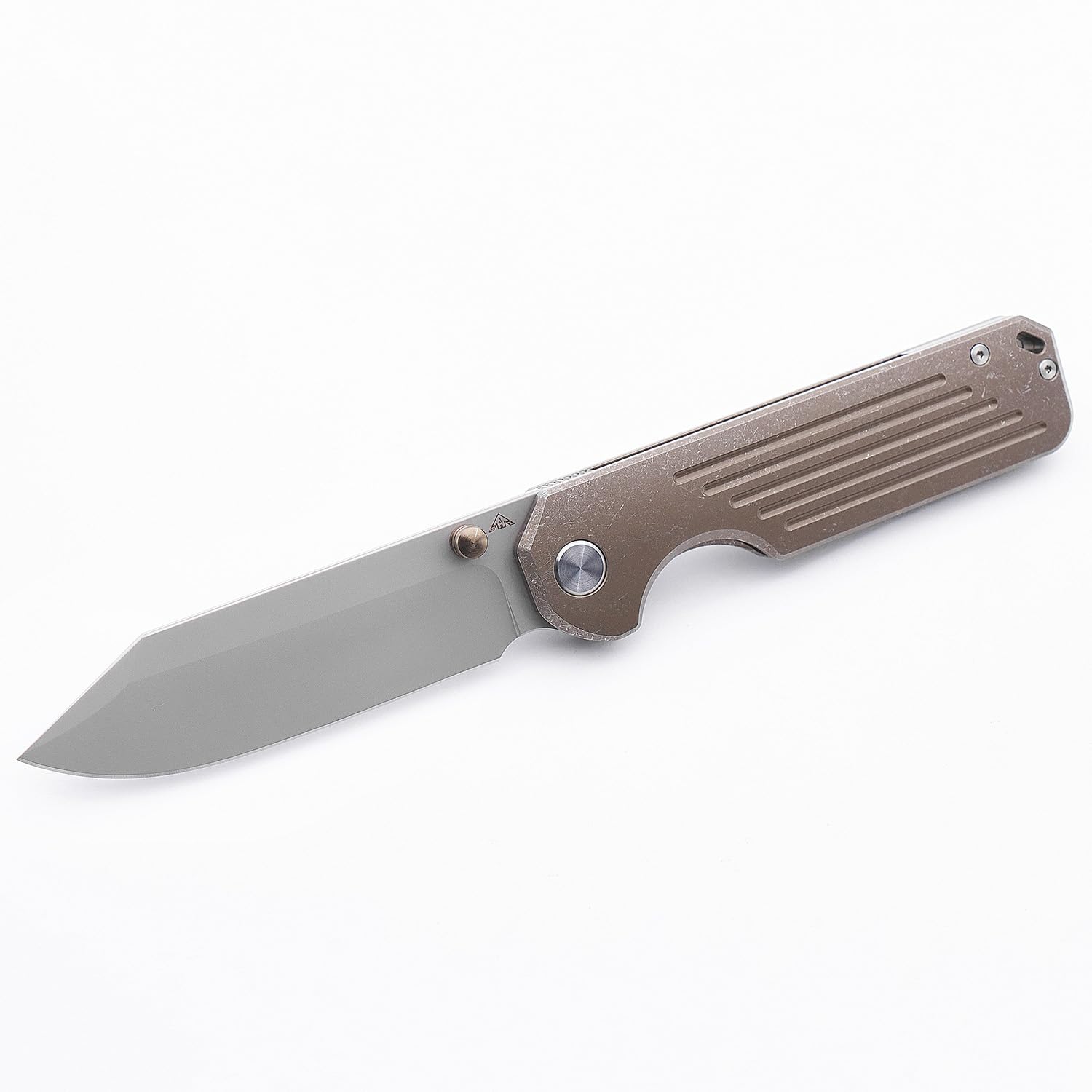 A AMEIGHT · KNIVES Gladiator II Front Flipper Folding Knife 3.5" S90V Blade Stonewashed Bronze Anodized Titanium Handle Pocket Knife AM8-002BNII