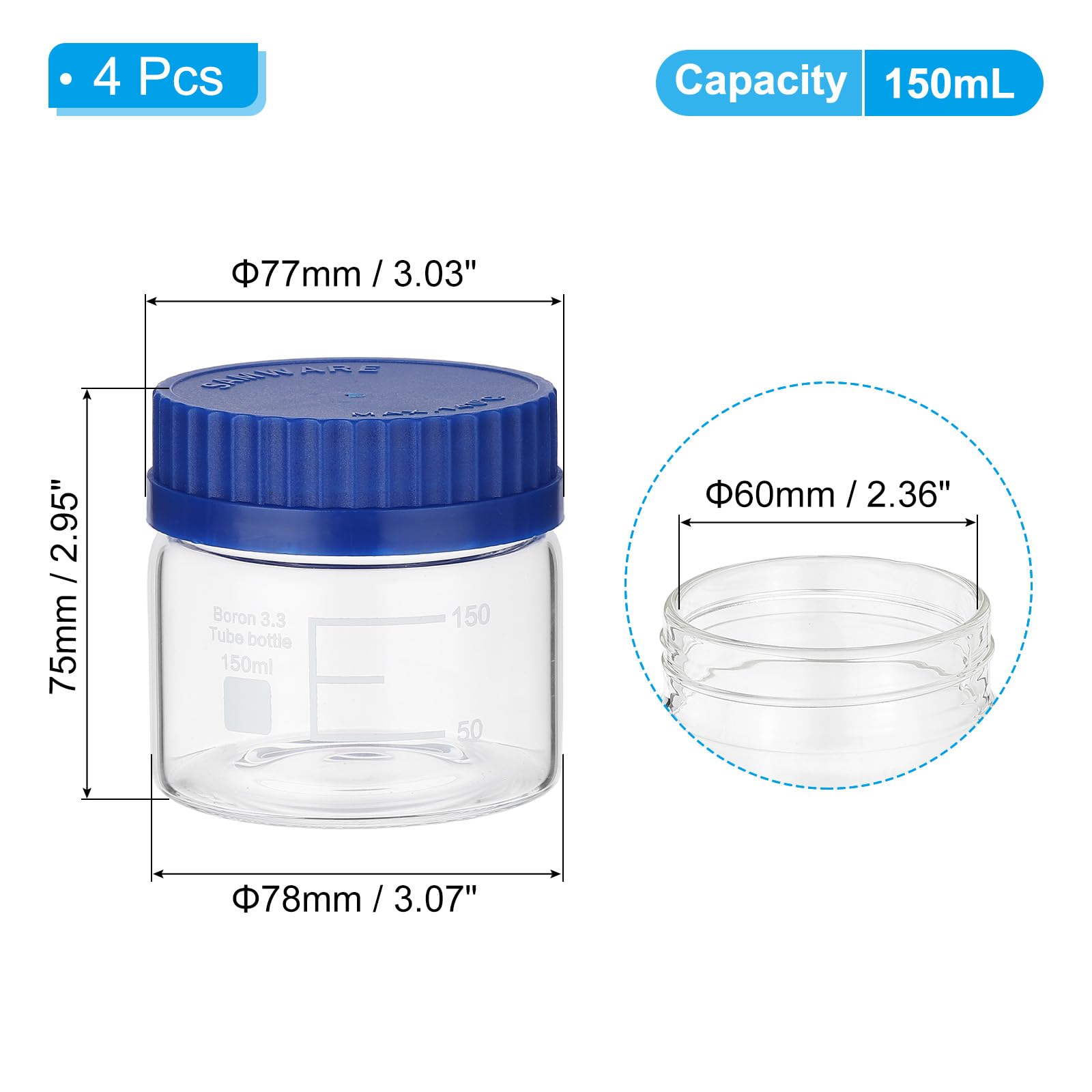 PATIKIL 4 Pack Reagent Media Storage Bottles, 150ml Borosilicate Glass Wide Mouth Graduated Round Bottles with GL32 Blue Screw Cap for Lab Water Reagent Liquids, Clear