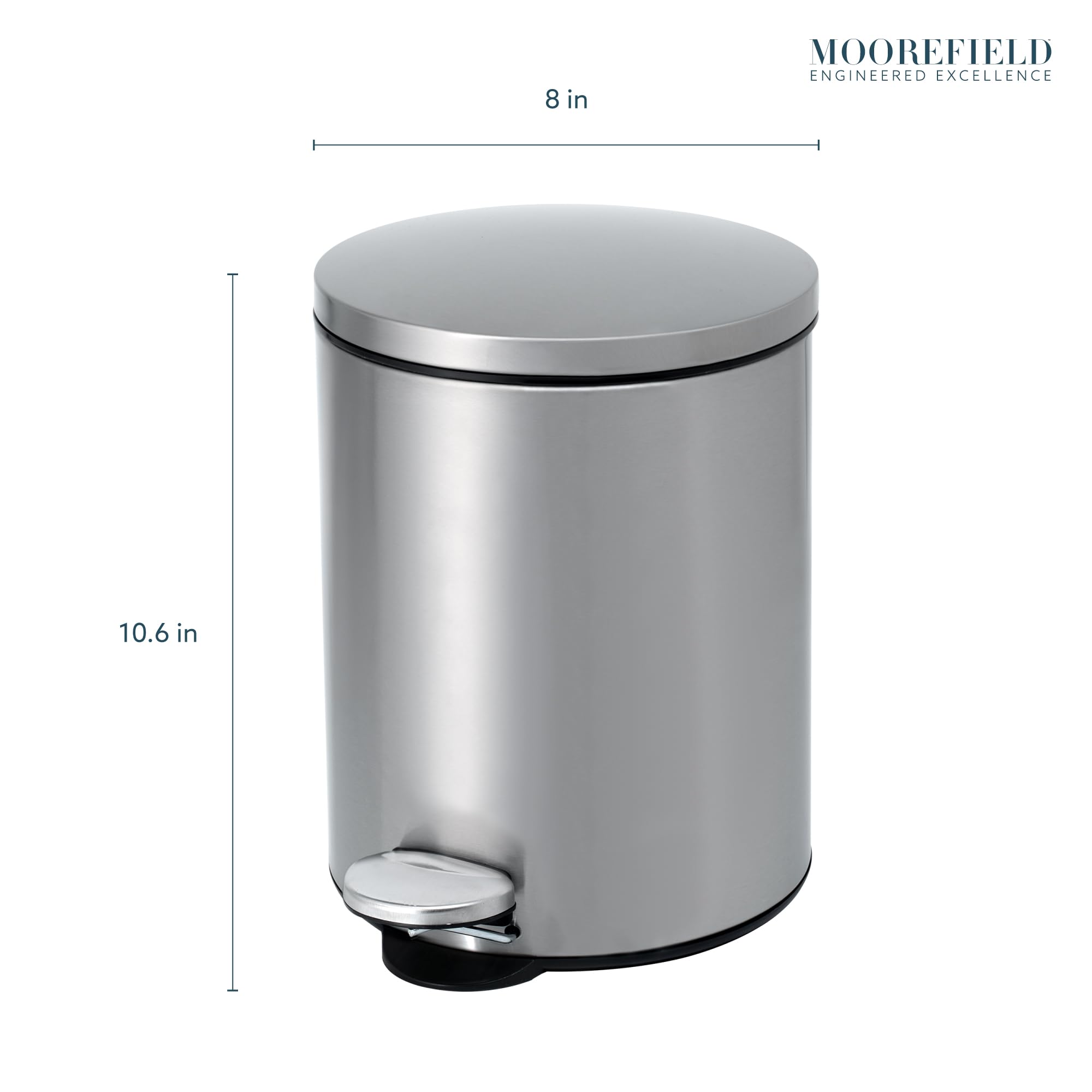 Moorefield Round Soft-Close Step On Bathroom Wastebin, Stainless Steel 1.3 Gallon Trash Can with Premium Pedal and Lid (Brushed Stainless Steel)