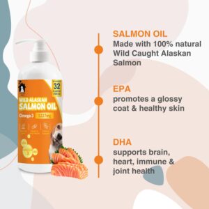 Salmon Oil for Dogs & Cats - Omega 3 Fish Oil Supplement for Healthy Skin & Coat, Joint & Bone Support, Allergy Relief, & Inflammation Defense - 32oz All-Natural Liquid Food Supplement